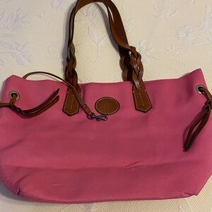 Dooney Dark Pink Tote Bag with Brown leather straps and accent straps